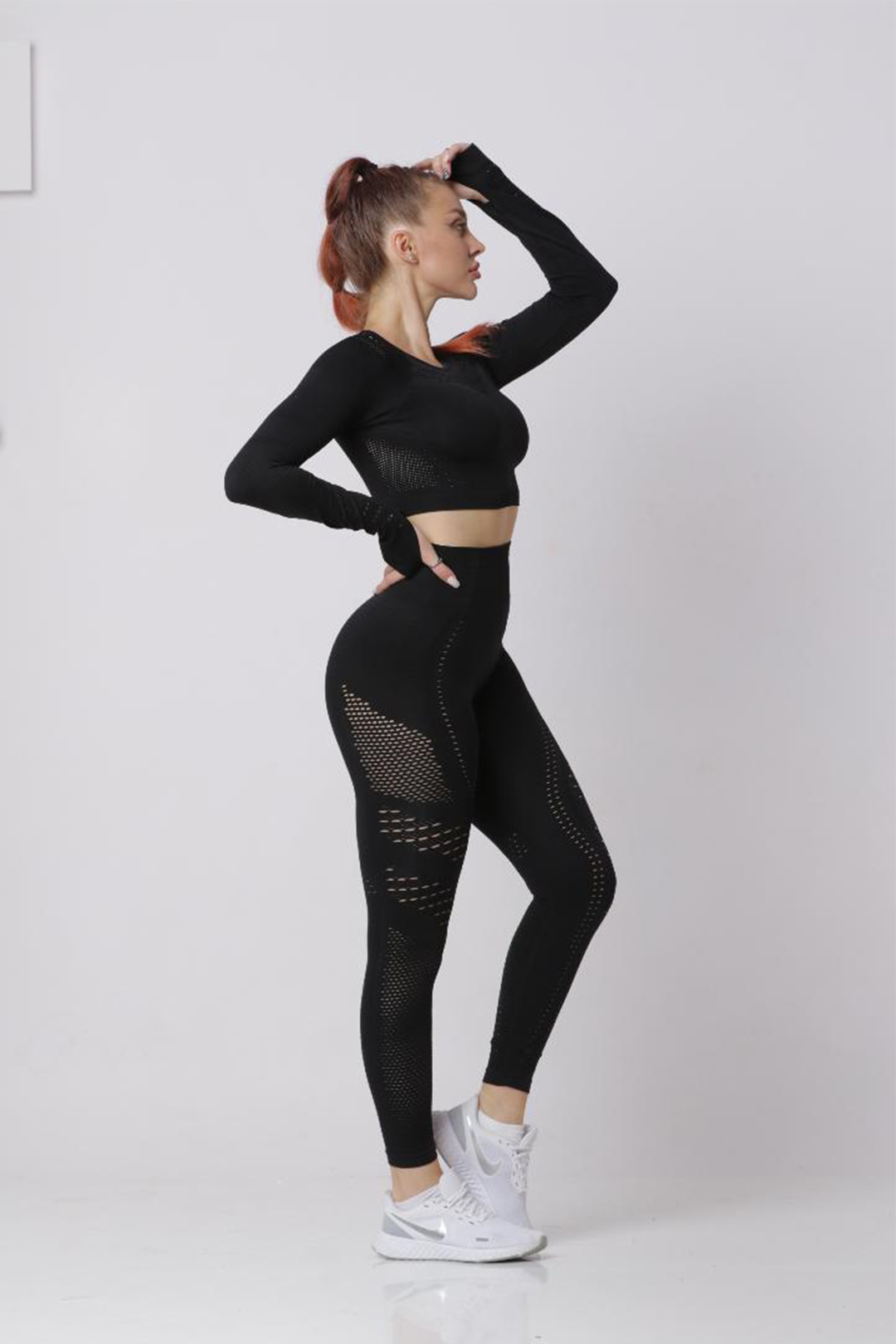 Women Seamless Workout Outfits Sport Long Sleeve And Leggings Black