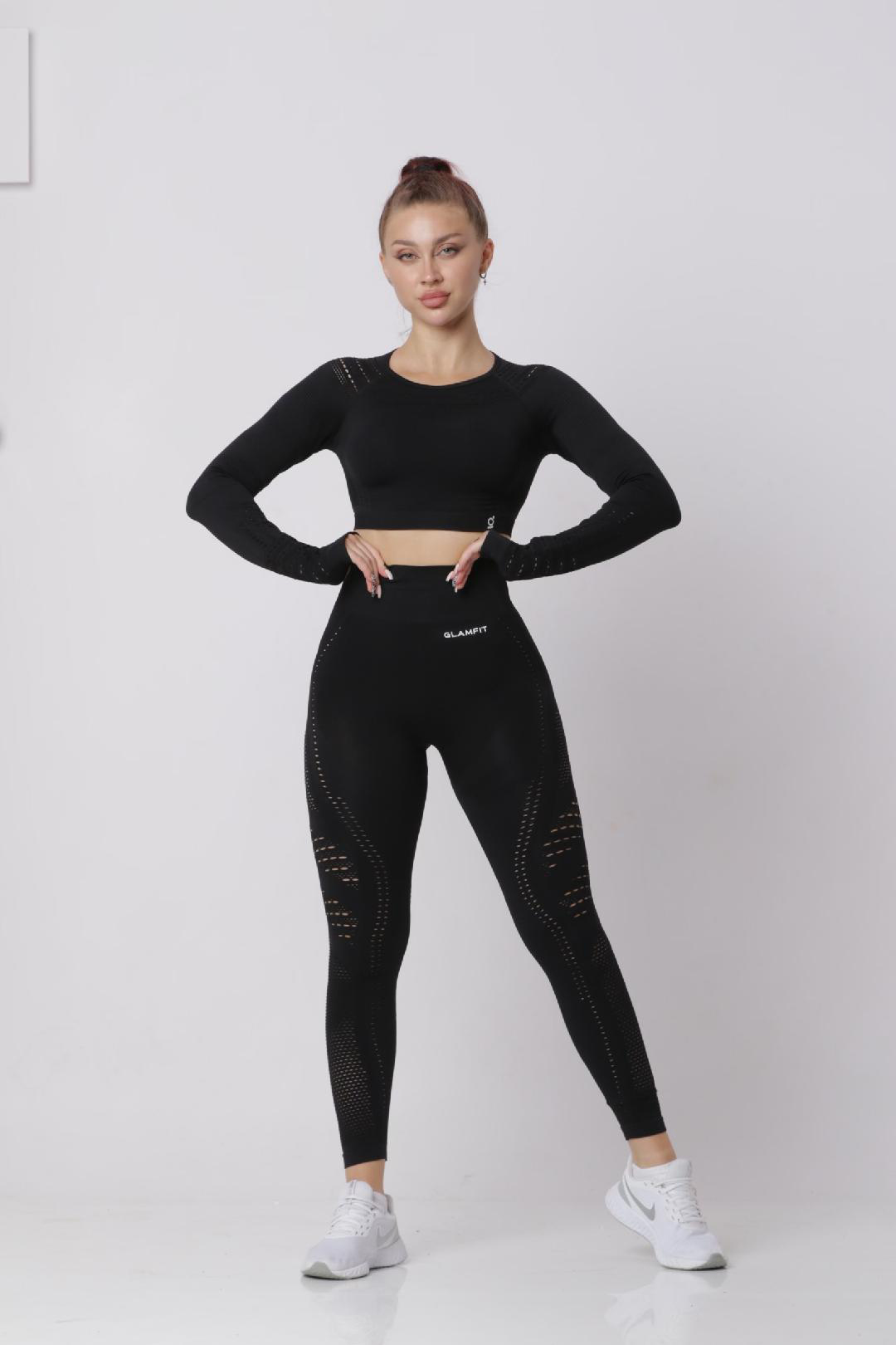Women Seamless Workout Outfits Sport Long Sleeve And Leggings Black
