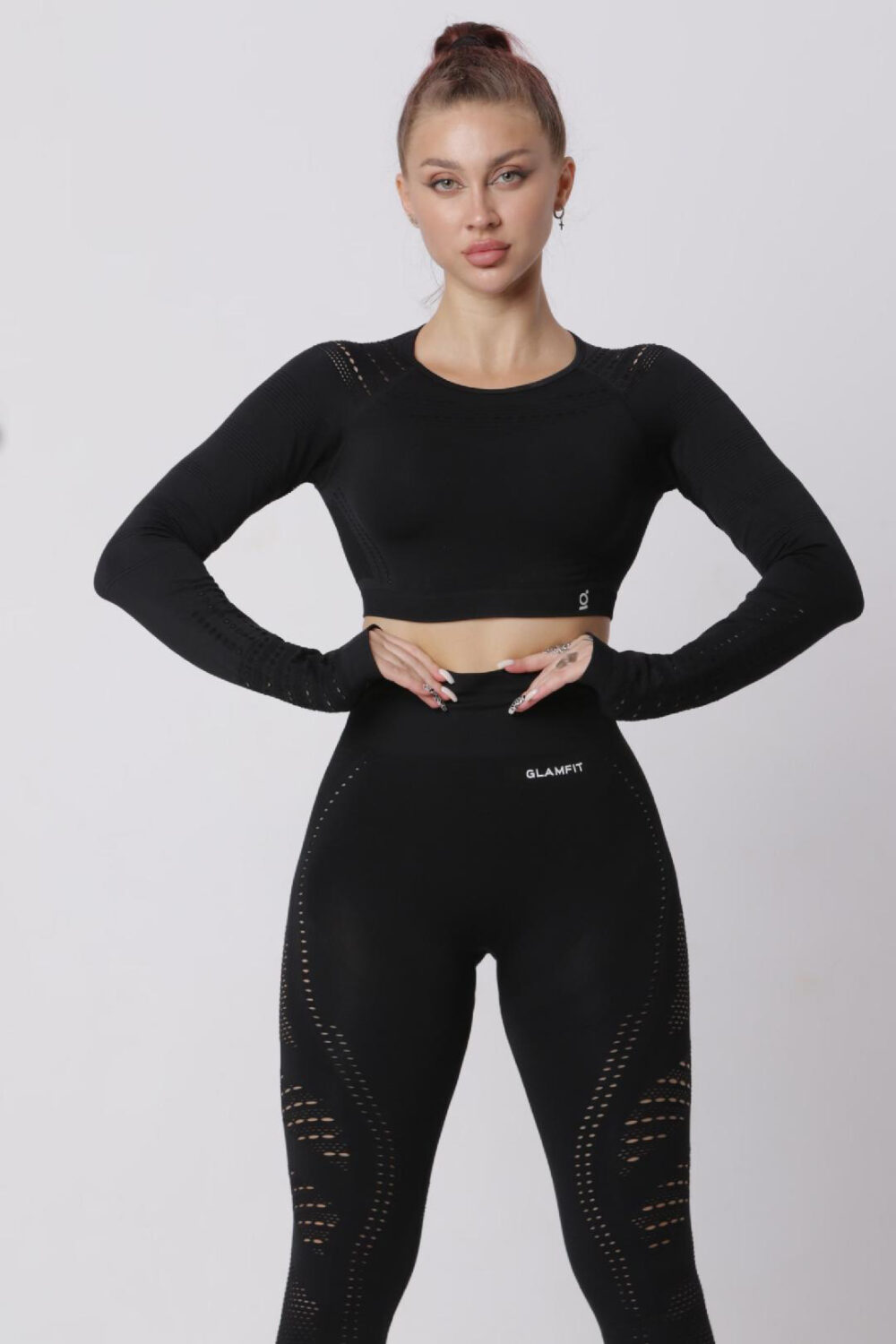 Women Seamless Workout Outfits Sport Long Sleeve And Leggings Black