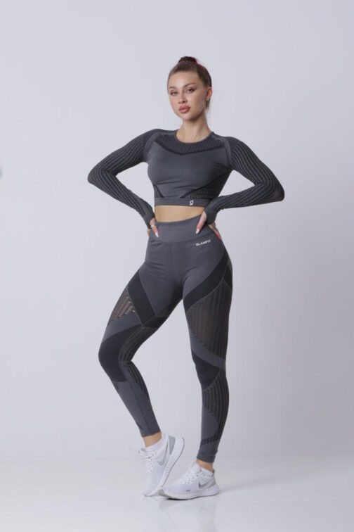 Women Seamless Workout Outfits Sport Long Sleeve And Leggings Grey