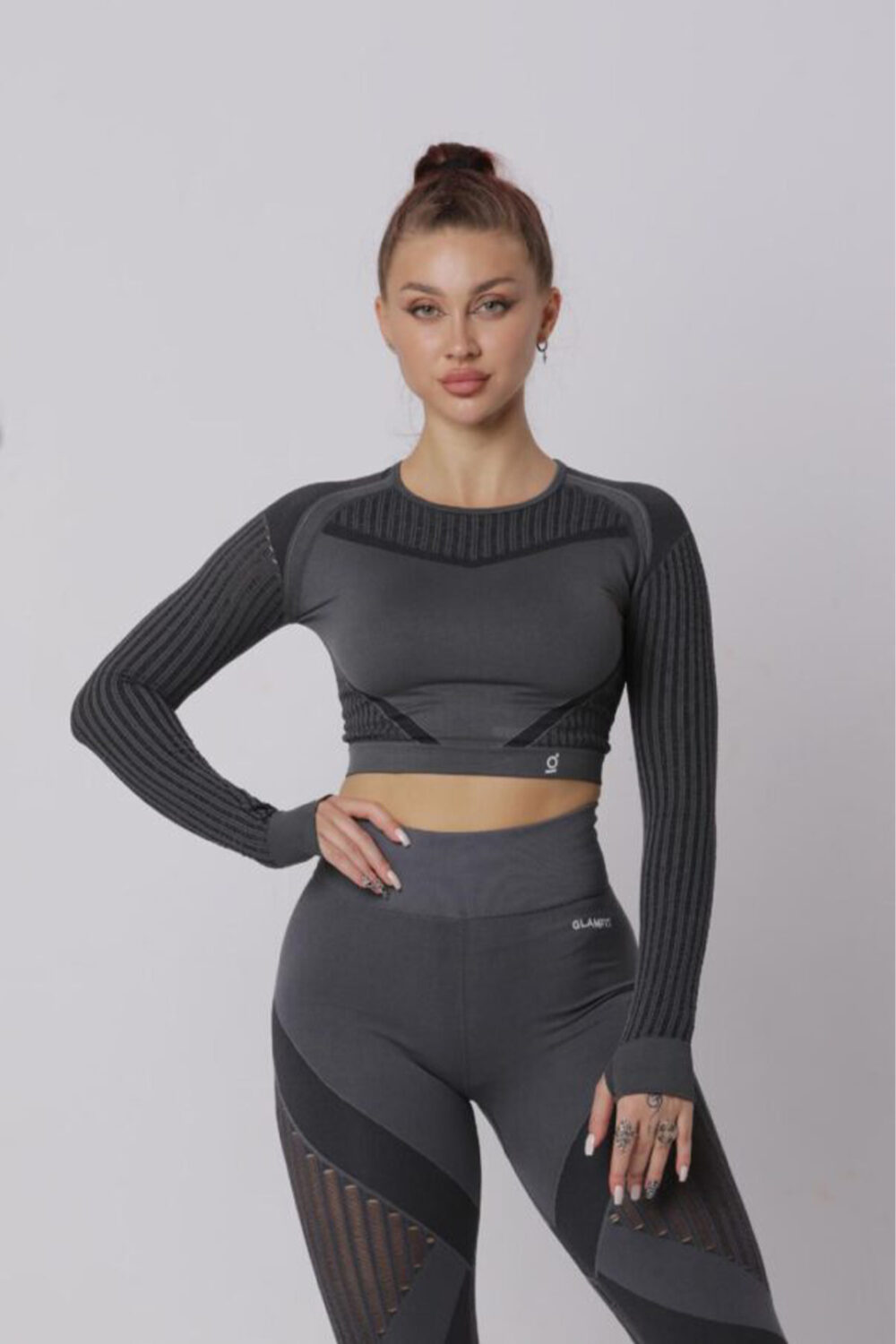 Women Seamless Workout Outfits Sport Long Sleeve And Leggings Grey