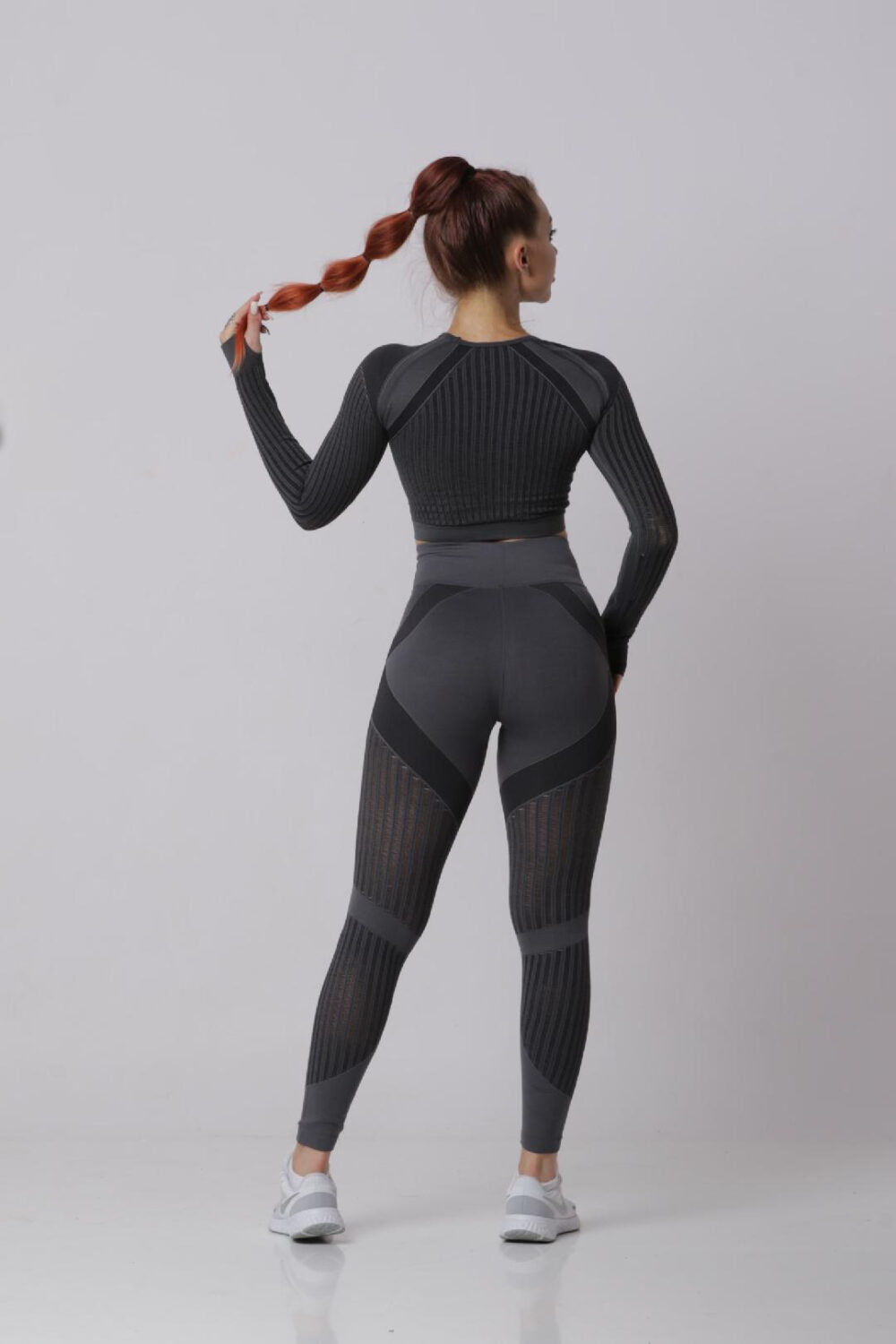 Women Seamless Workout Outfits Sport Long Sleeve And Leggings Grey