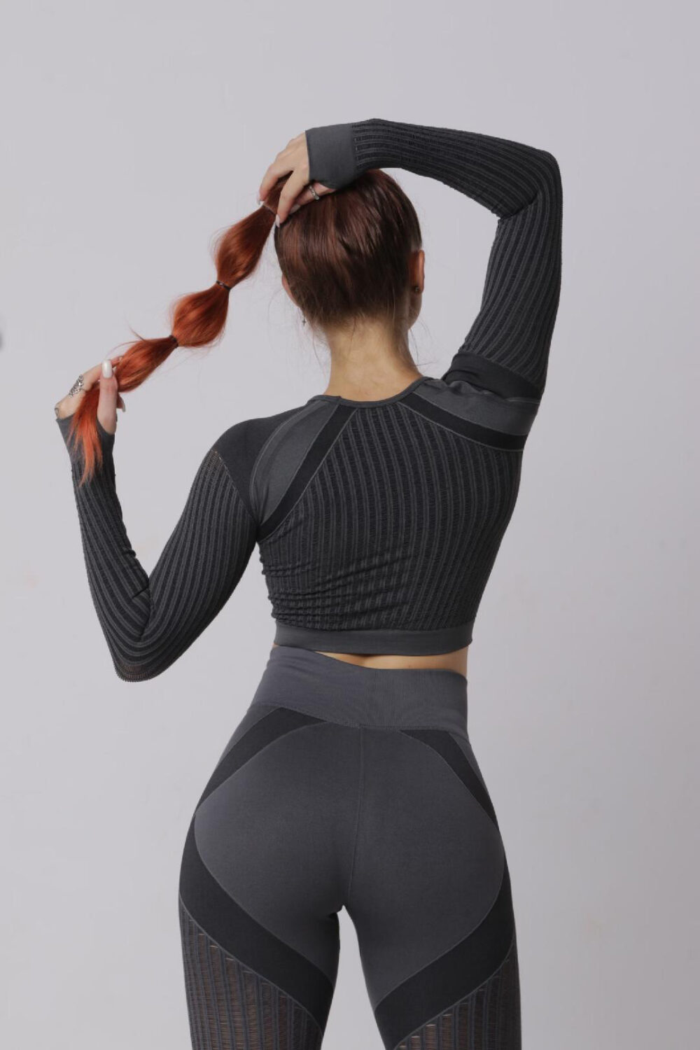 Women Seamless Workout Outfits Sport Long Sleeve And Leggings Grey