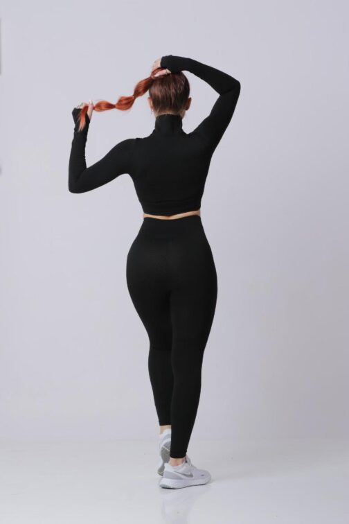 Samless Women 3pcs Yoga Sets Fitness Sport Suit Long Sleeve Zipper with Sport Bra & Leggings Pants Black