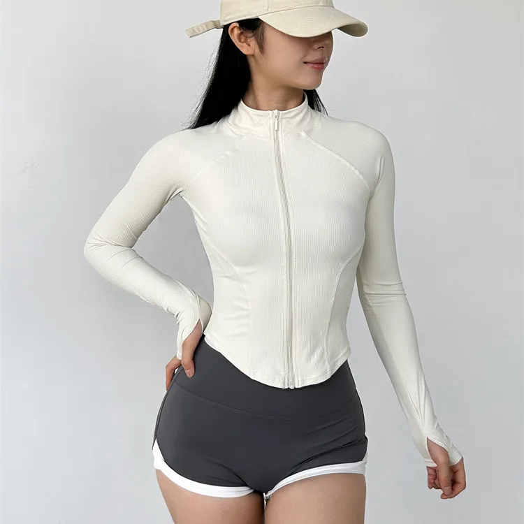 Casual Tight Zipper  Long Sleeve Jackets Women OFF WHITE