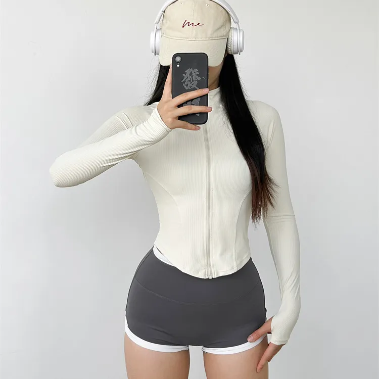 Casual Tight Zipper  Long Sleeve Jackets Women OFF WHITE