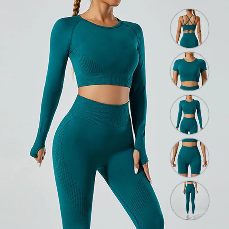 New High Waisted 5 Pieces Workout Yoga, Running Wear Long sleeves, Leggings, Shorts, Sport Bra and Short sleeves Crop Top