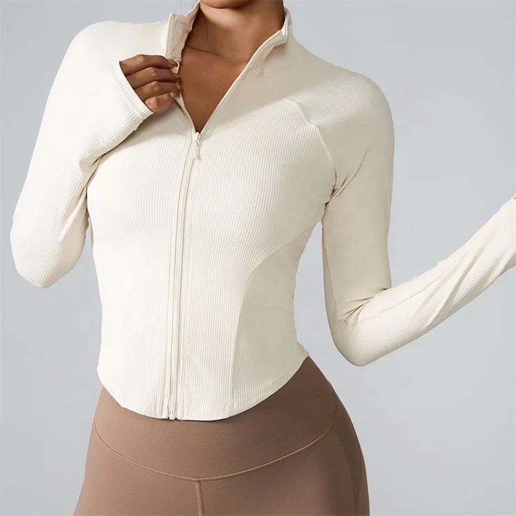 Casual Tight Zipper  Long Sleeve Jackets Women OFF WHITE