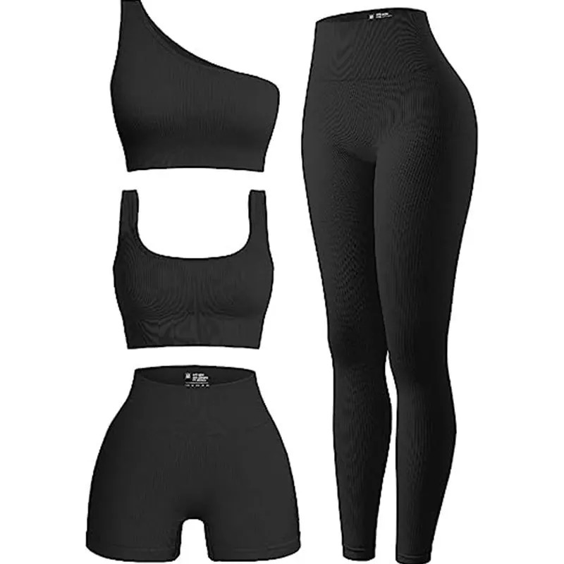 Women’s 4 Pcs Ribbed Scoop Neck Sports Bra, One Shoulder Tops, High Waist Short, Leggings Sets