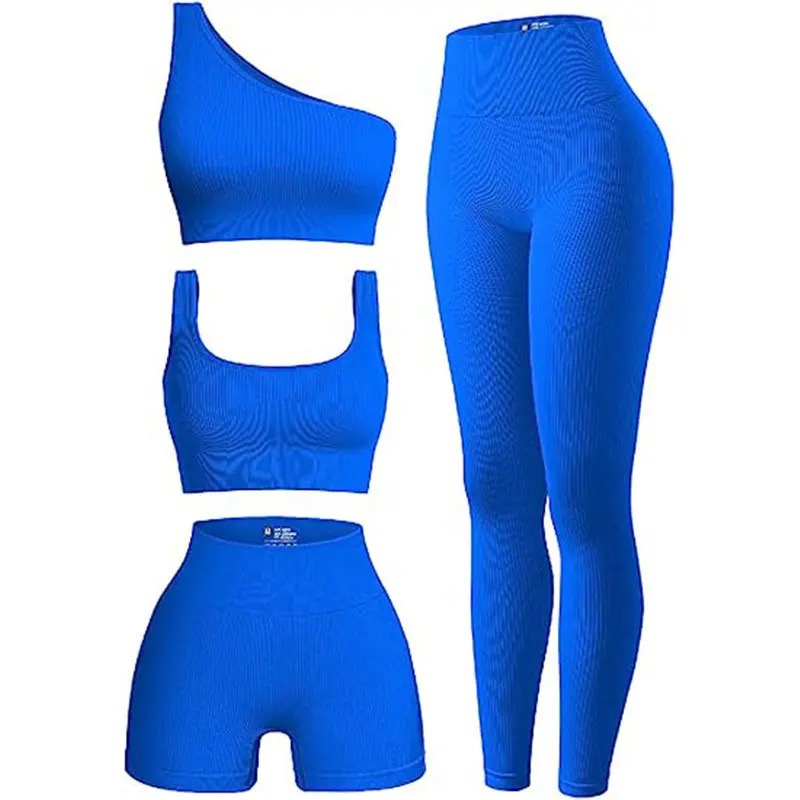 Women’s 4 Pcs Ribbed Scoop Neck Sports Bra, One Shoulder Tops, High Waist Short, Leggings Sets