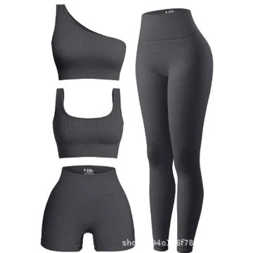 Women’s 4 Pcs Ribbed Scoop Neck Sports Bra, One Shoulder Tops, High Waist Short, Leggings Sets