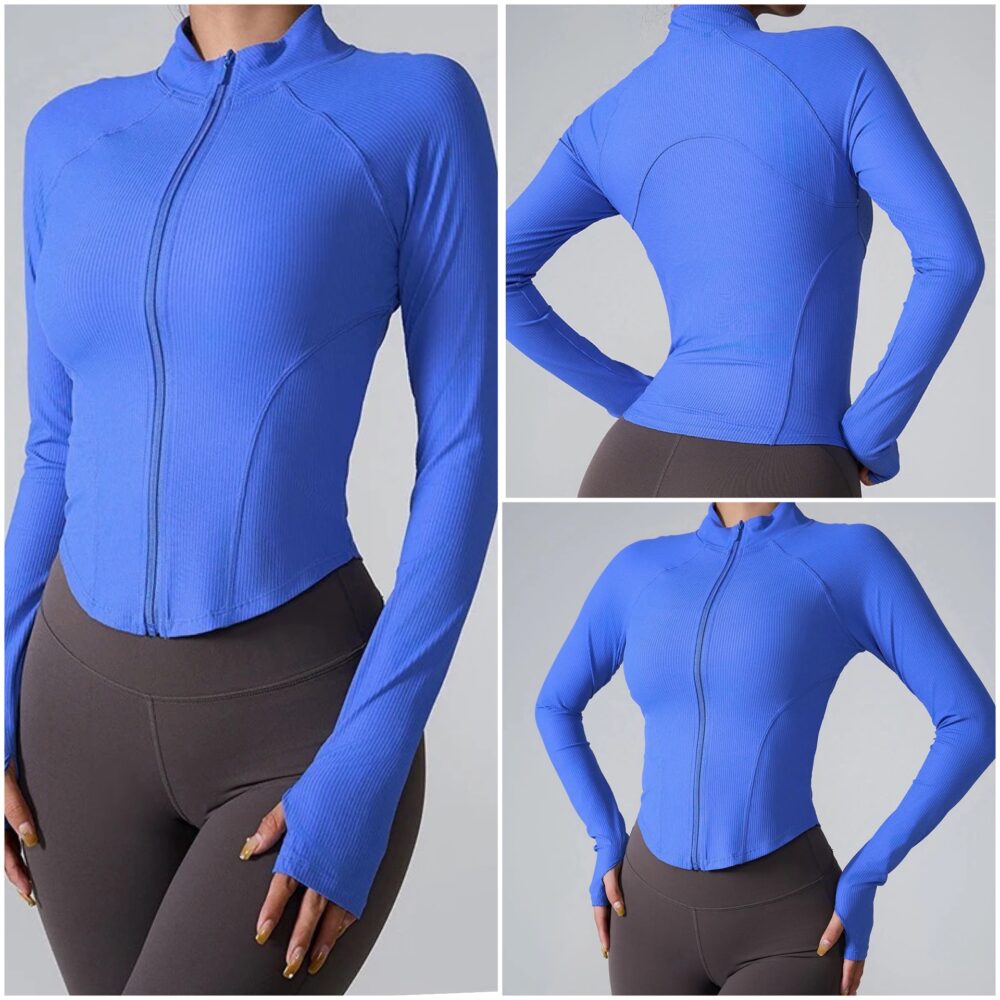 Casual Tight Zipper  Long Sleeve Jackets Women BLUE