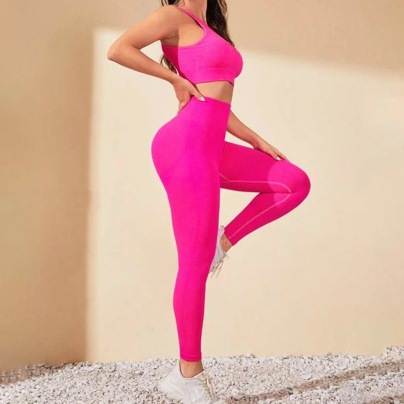 Women Seamless Workout Outfits One Shoulder Sport Bra Padded and High Waist Legging Pink