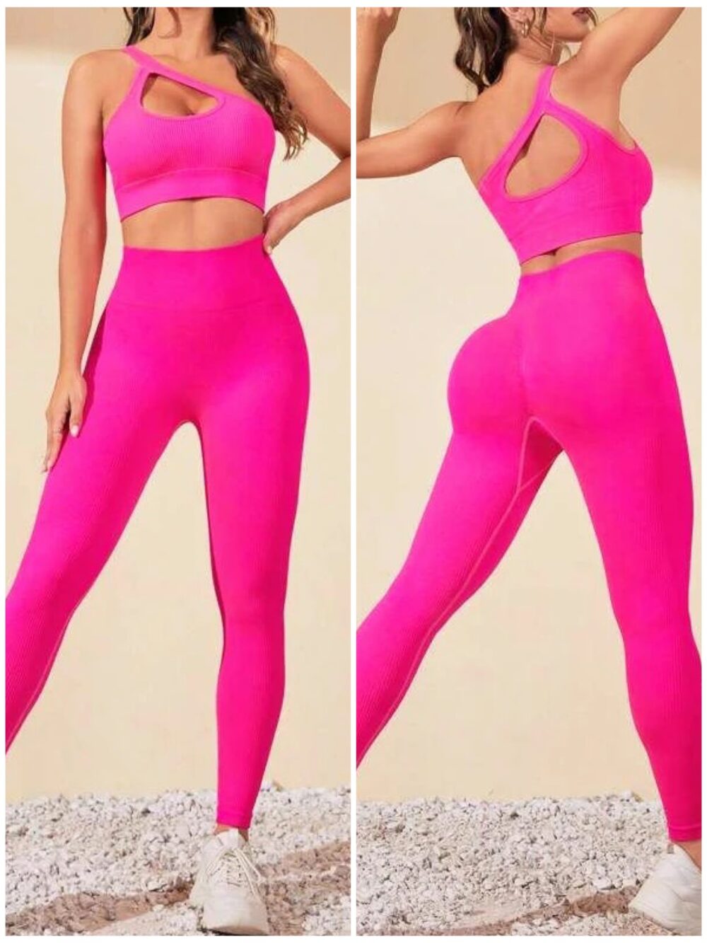 Women Seamless Workout Outfits One Shoulder Sport Bra Padded and High Waist Legging Pink